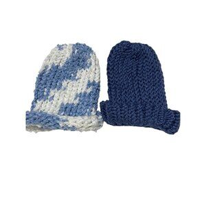 Hand-Knitted Baby Beanie Hats Set Of 2 - Blue & White Camo And‎ Solid Blue